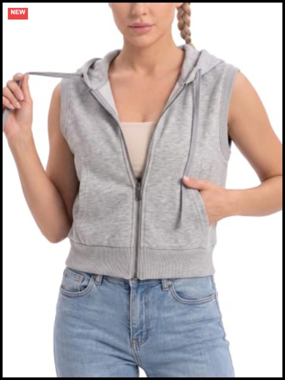 Women Sleeveless Cropped Full Zip Hooded Sweatshirt Vest with Pockets